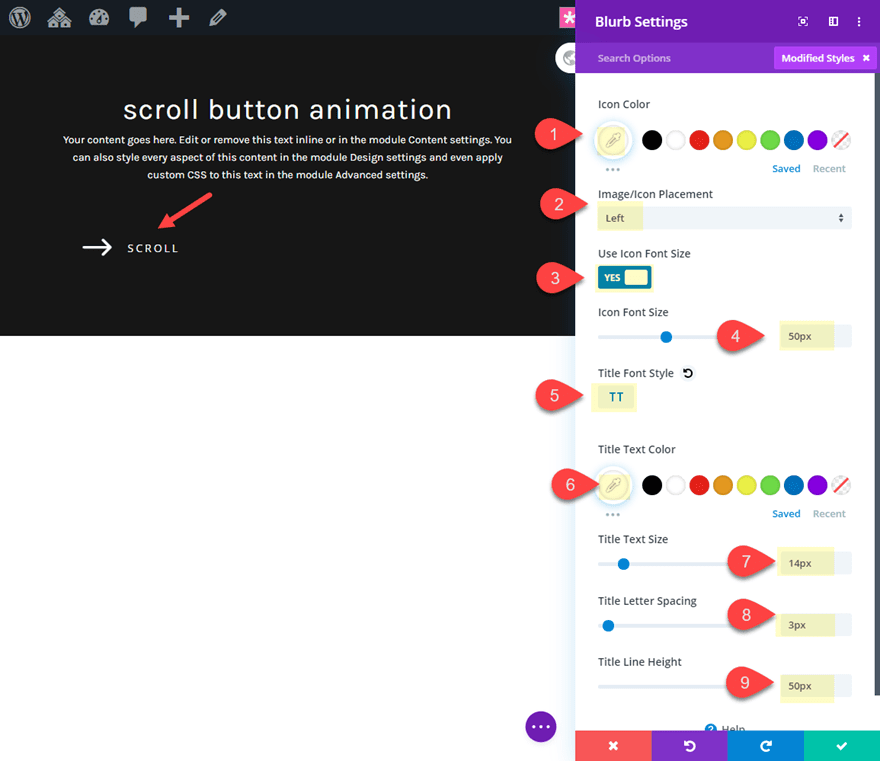 divi animated scroll button designs