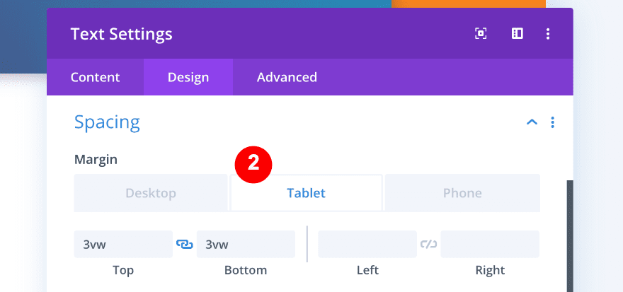 text settings for column on tablet