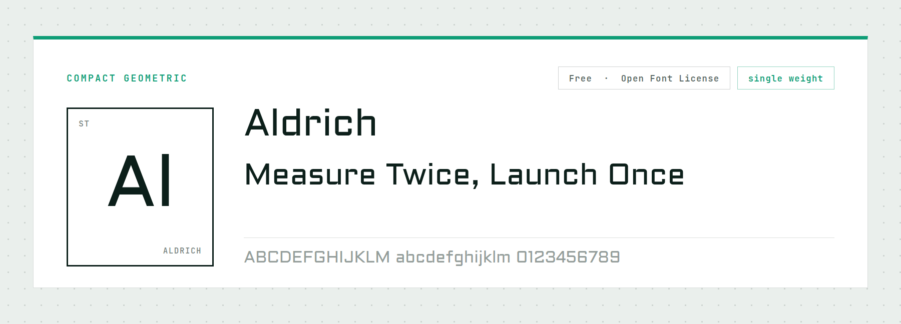 Aldrich shown as a compact spaceflight interface font