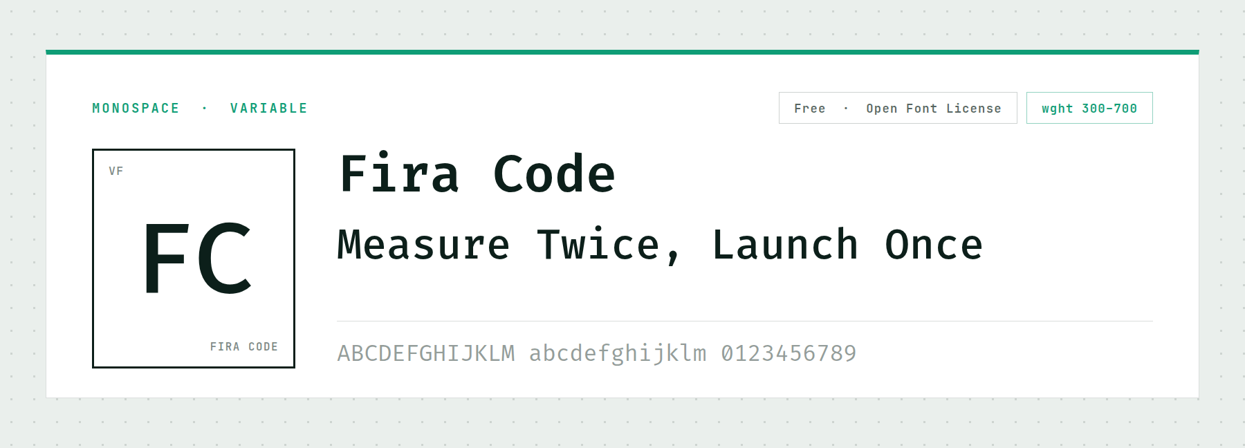 Fira Code shown as a monospace font with ligatures