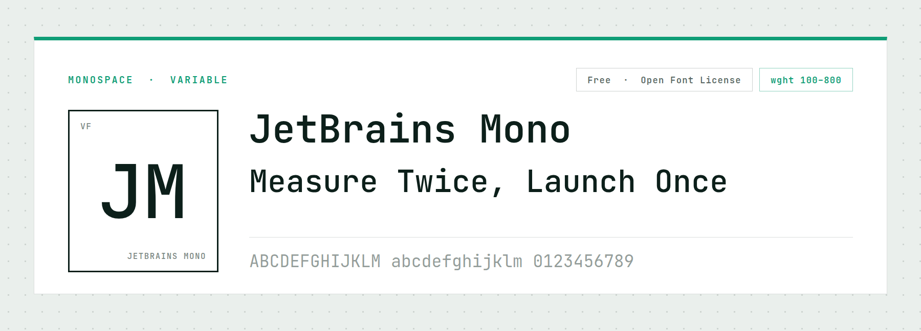 JetBrains Mono shown as a code and data typeface
