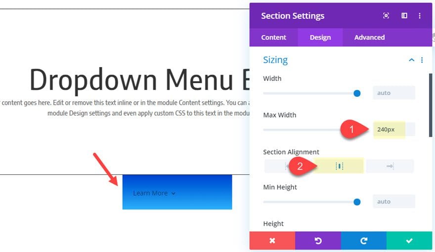 divi dropdown menu button