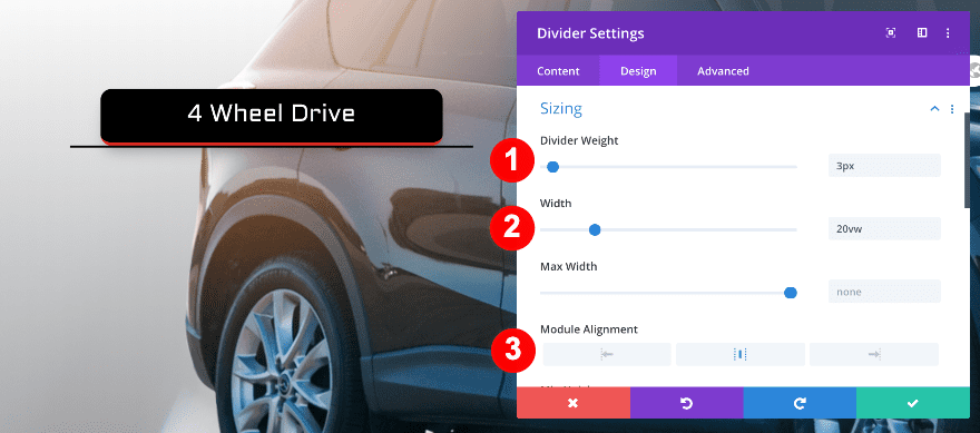 divider sizing settings