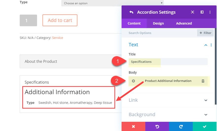 divi product info accordion