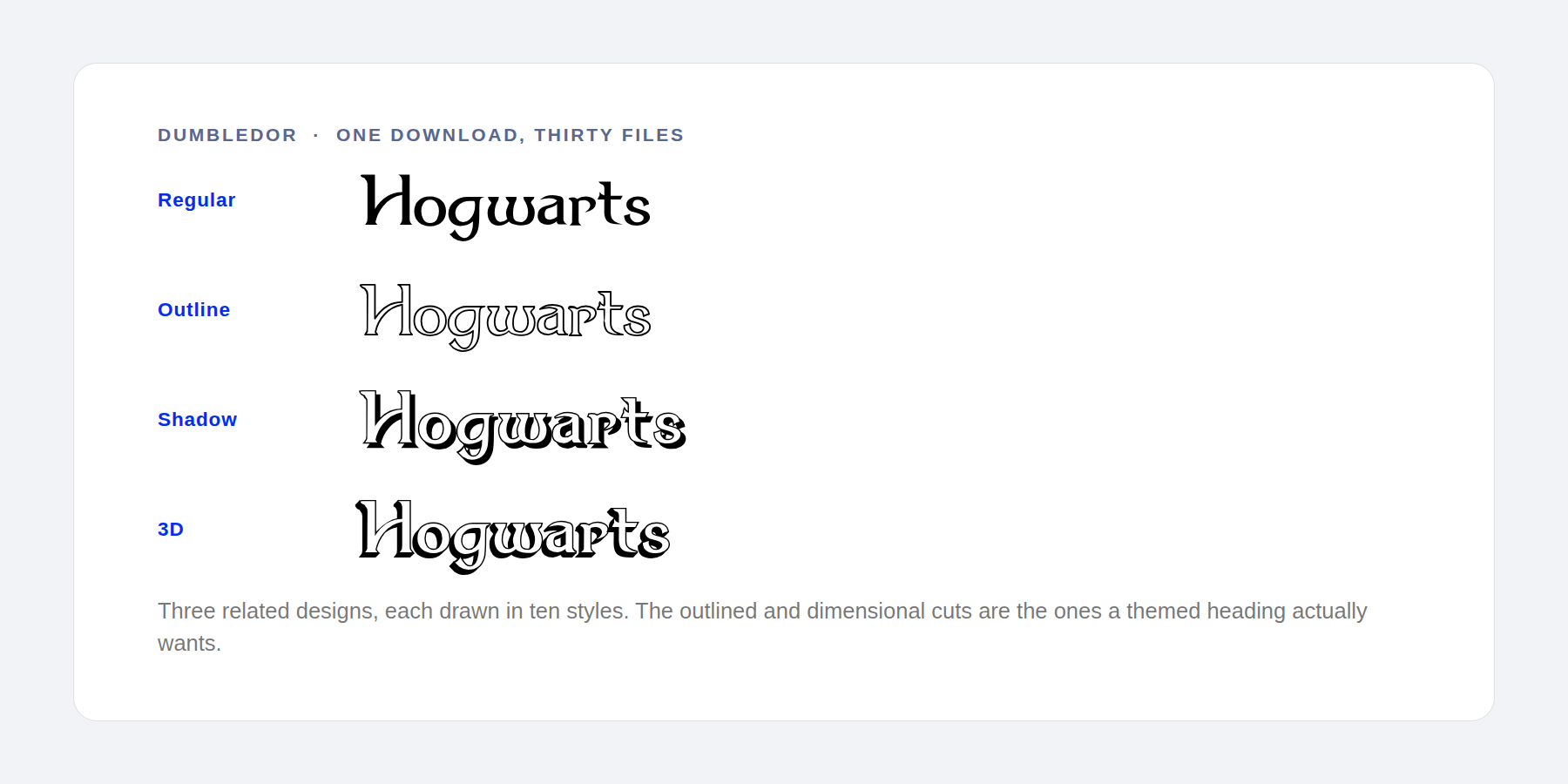 Dumbledor font styles including outline shadow and 3D