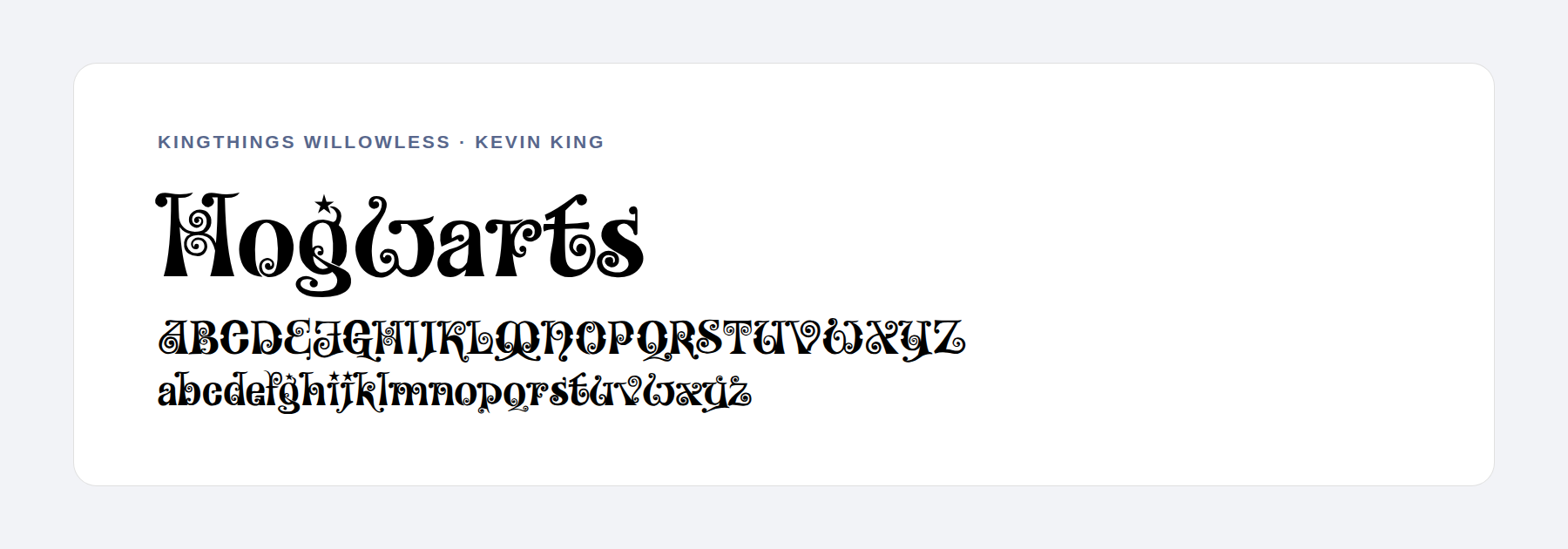 Kingthings Willowless font sample decorated with stars and swirls
