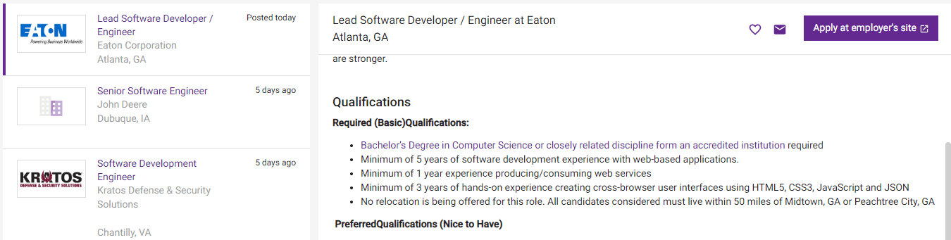 A job posting listing a bachelor's degree as a requirement.