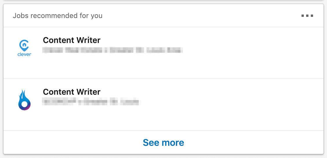 Recommended jobs from a LinkedIn homepage.