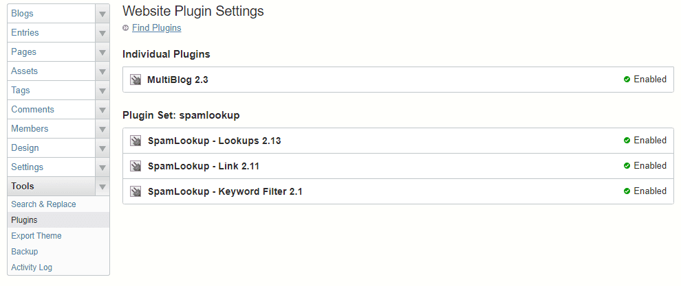 A list of installed plugins in Movable Type.