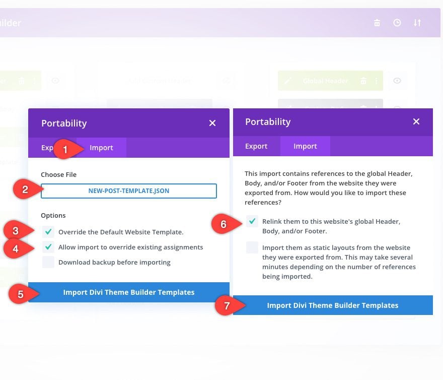 Divi theme builder portability options