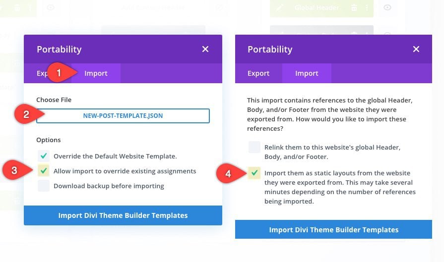 Divi theme builder portability options