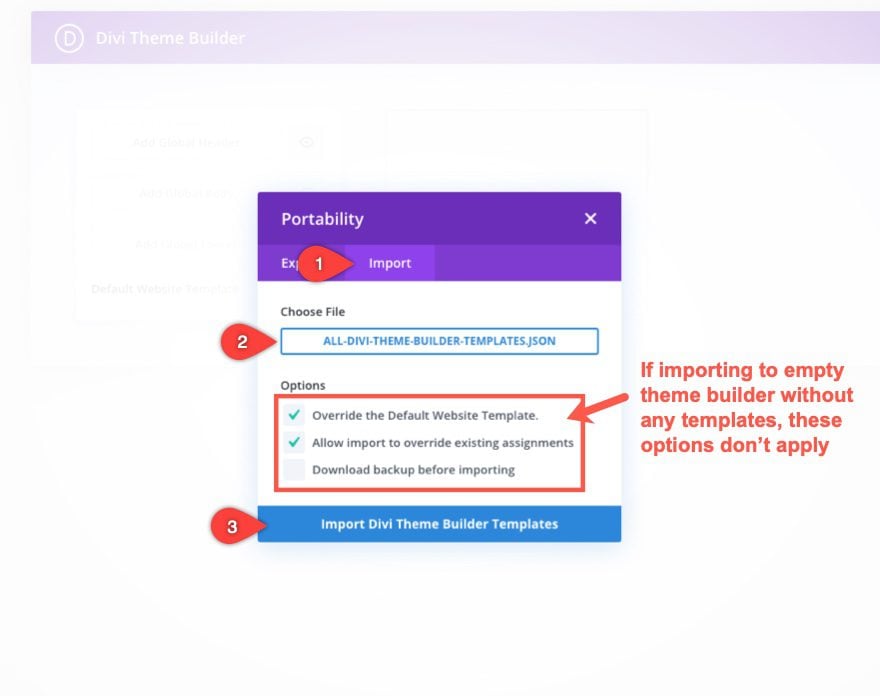 Divi theme builder portability options
