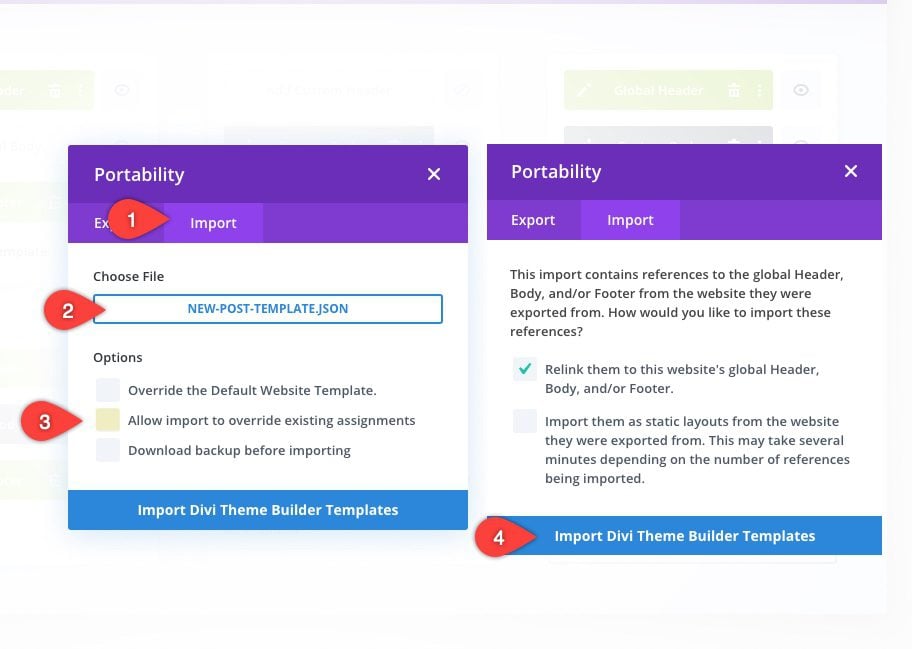 Divi theme builder portability options