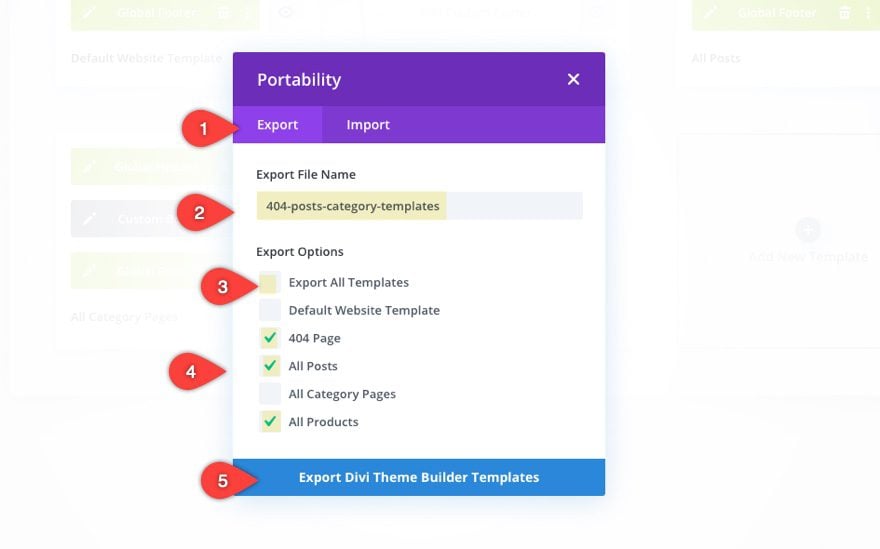 Divi theme builder portability options