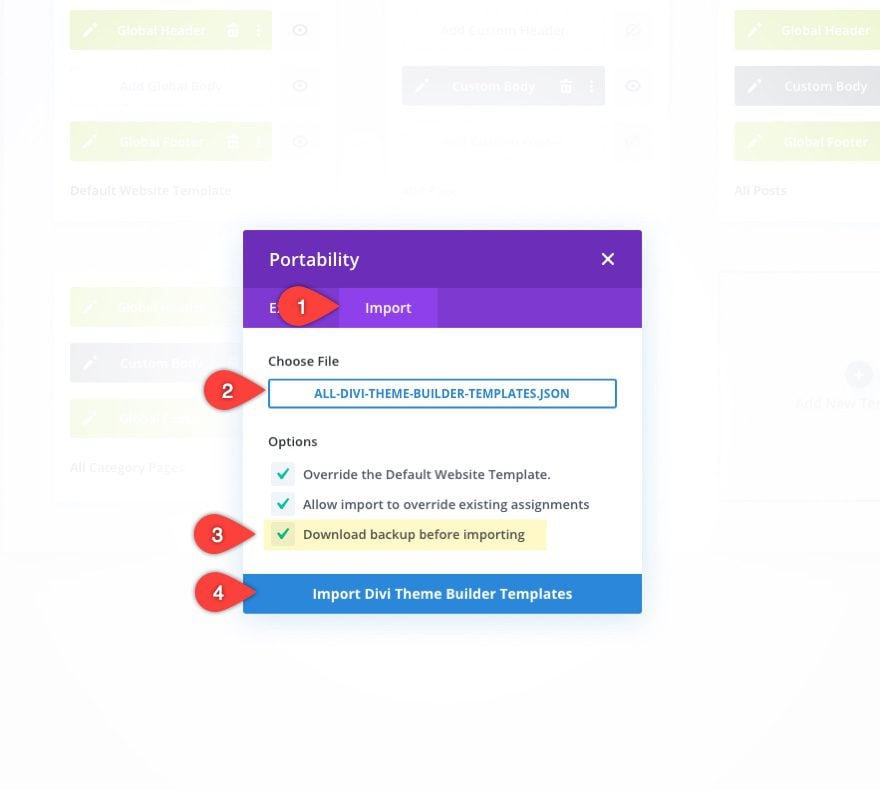 Divi theme builder portability options
