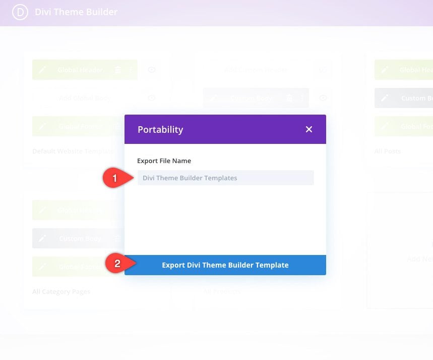 Divi theme builder portability options