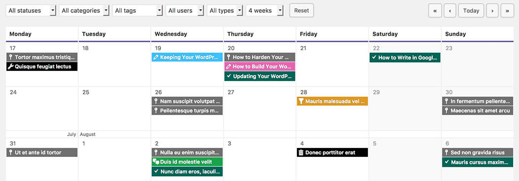 An example of an editorial calendar.