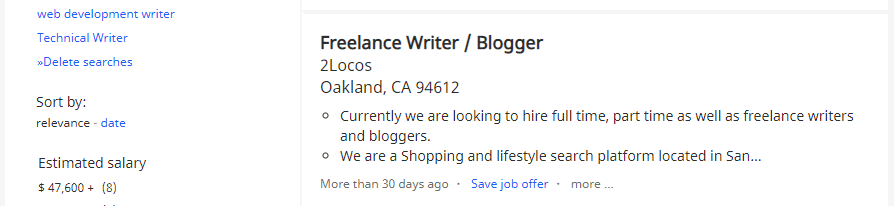 An example of a freelance blogging job.