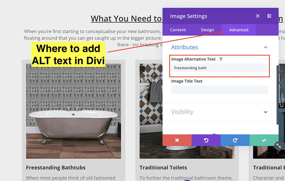 divi advanced tab image alt text settings