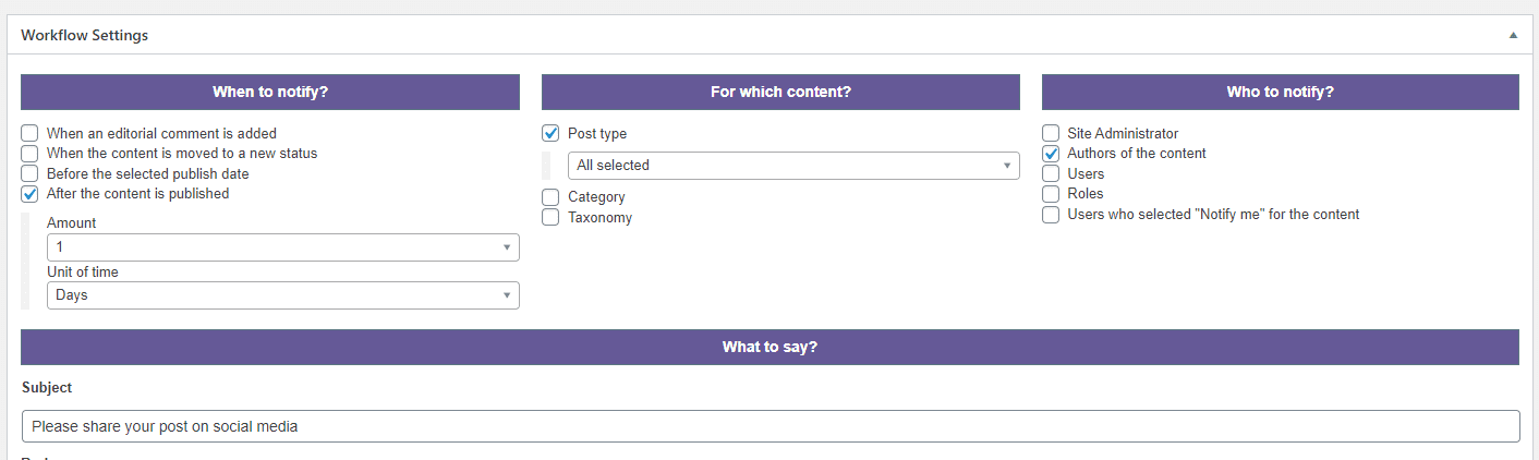 Configuring a PublishPress notification.