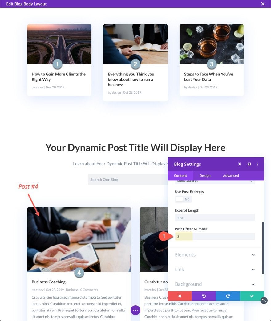 organizing blog page content in Divi