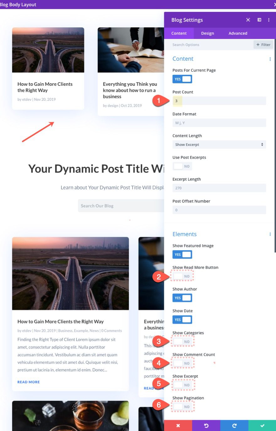 organizing blog page content in Divi