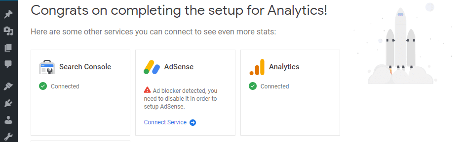 The success message you see after connecting Analytics.