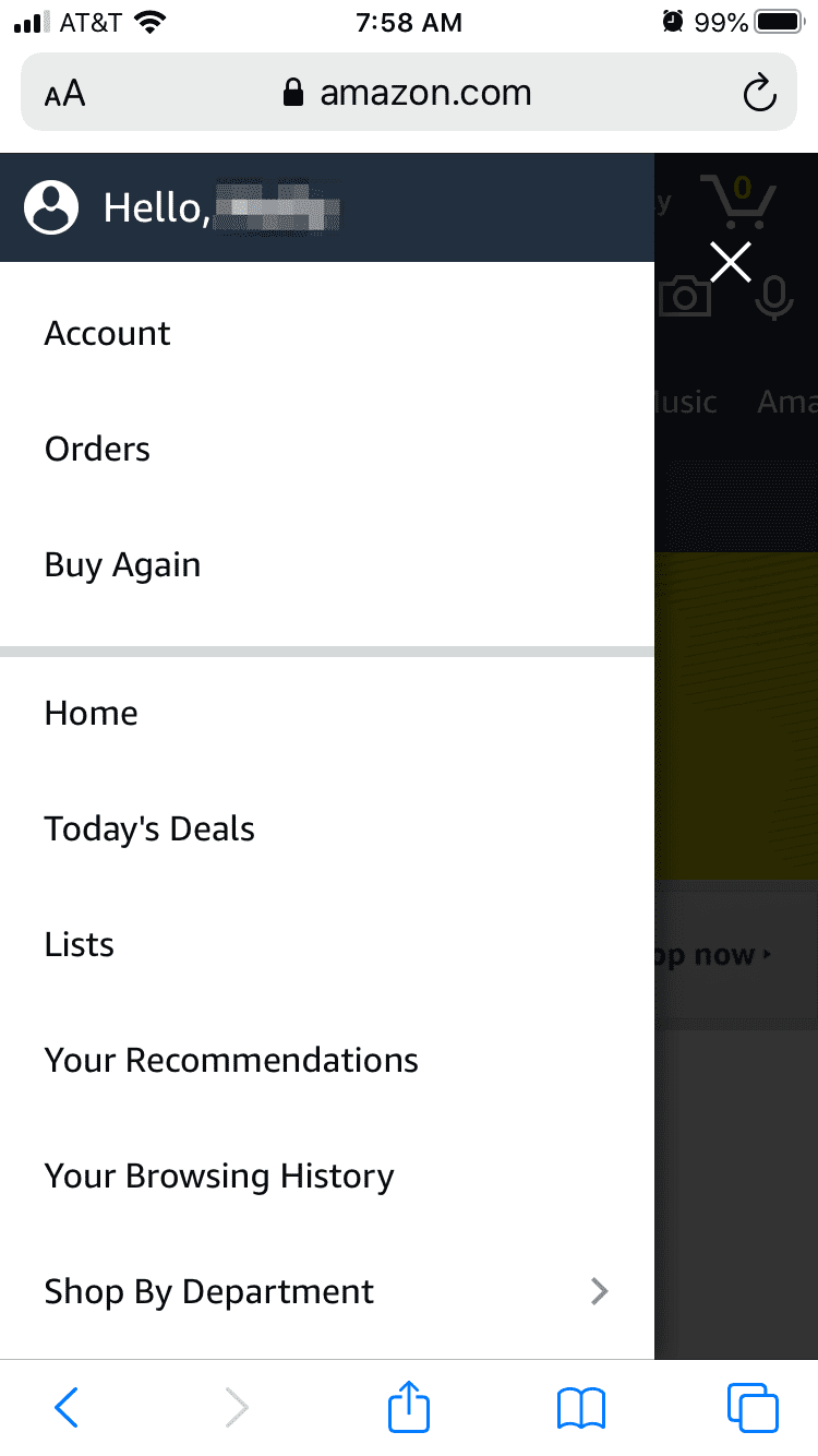 A collapsible sidebar on Amazon's mobile site.