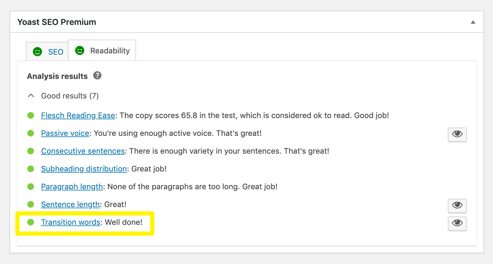 An example of a Yoast Readability score with the transition word analysis highlighted.