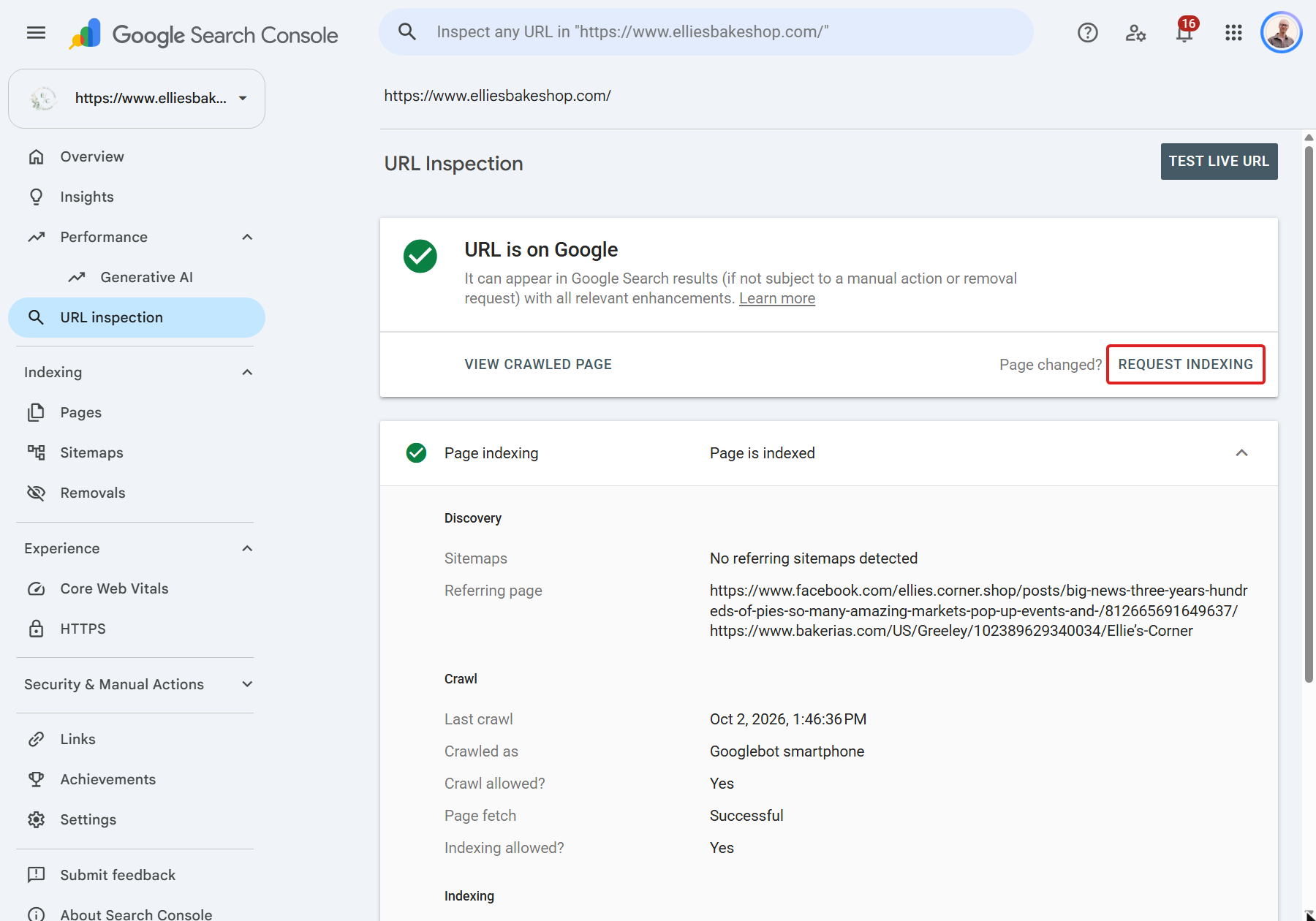 A URL inspection result with the Request indexing button