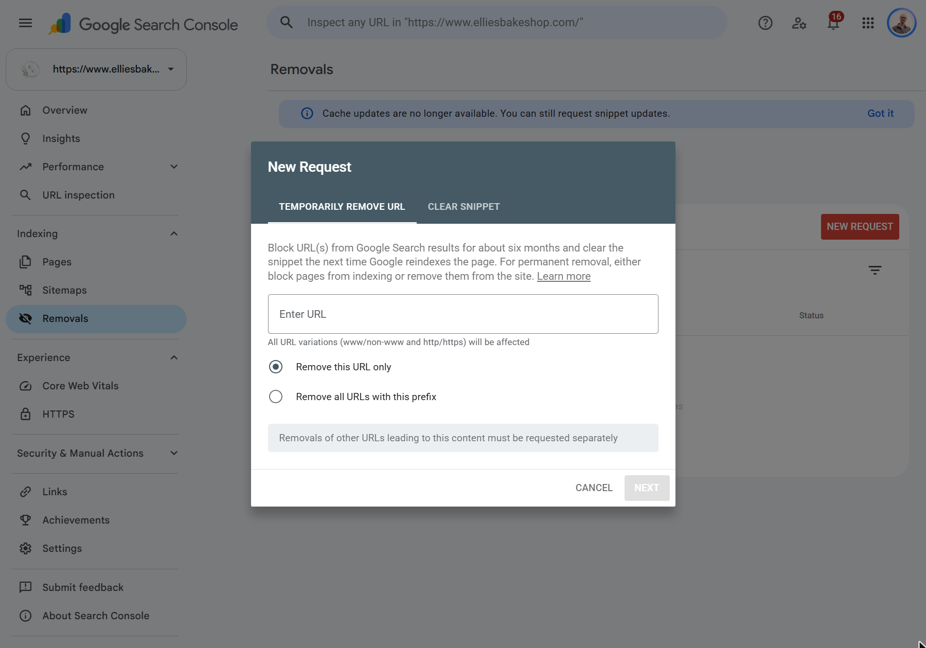The New request dialog in the Removals tool