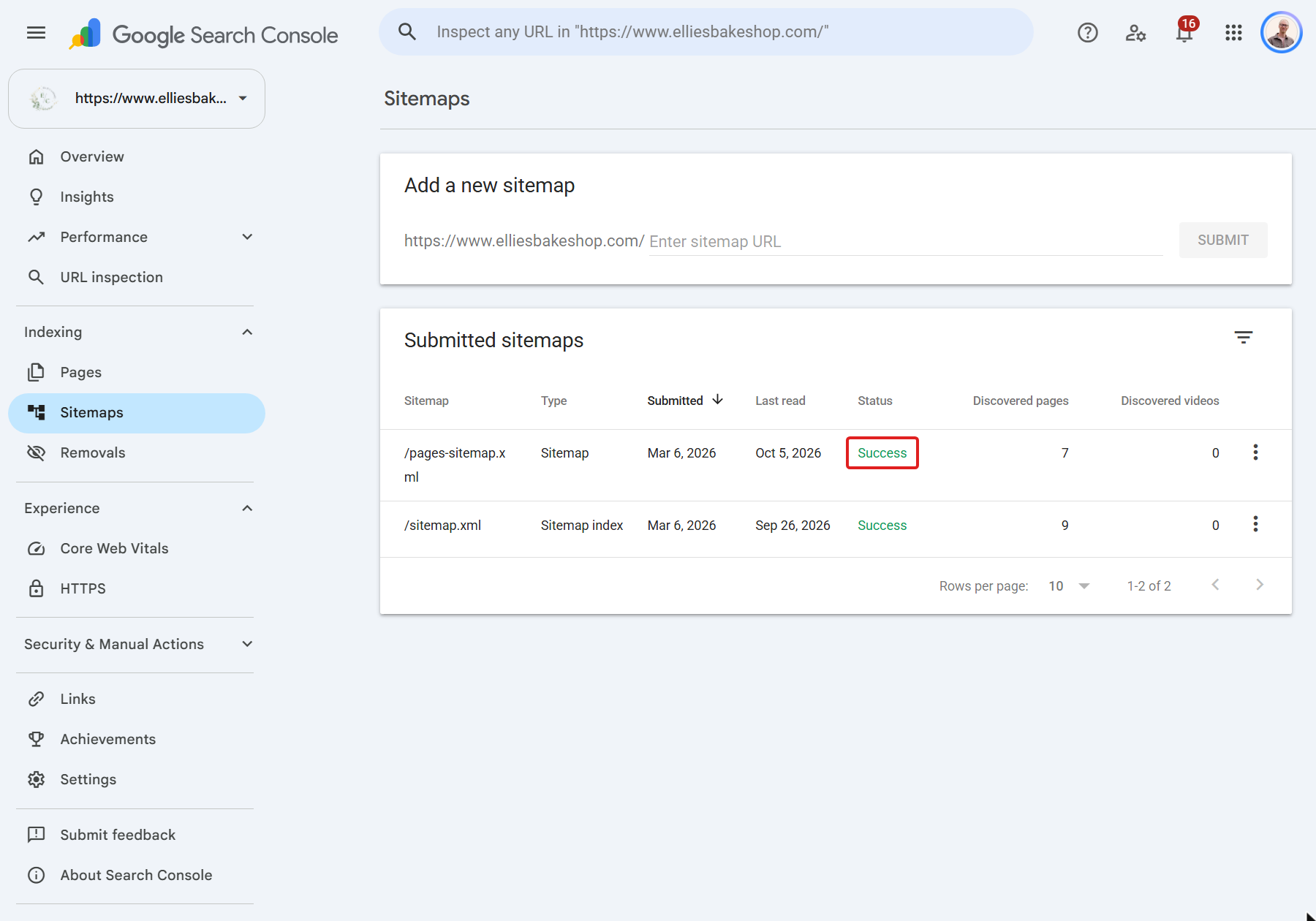 The Submitted sitemaps list with a status for each sitemap