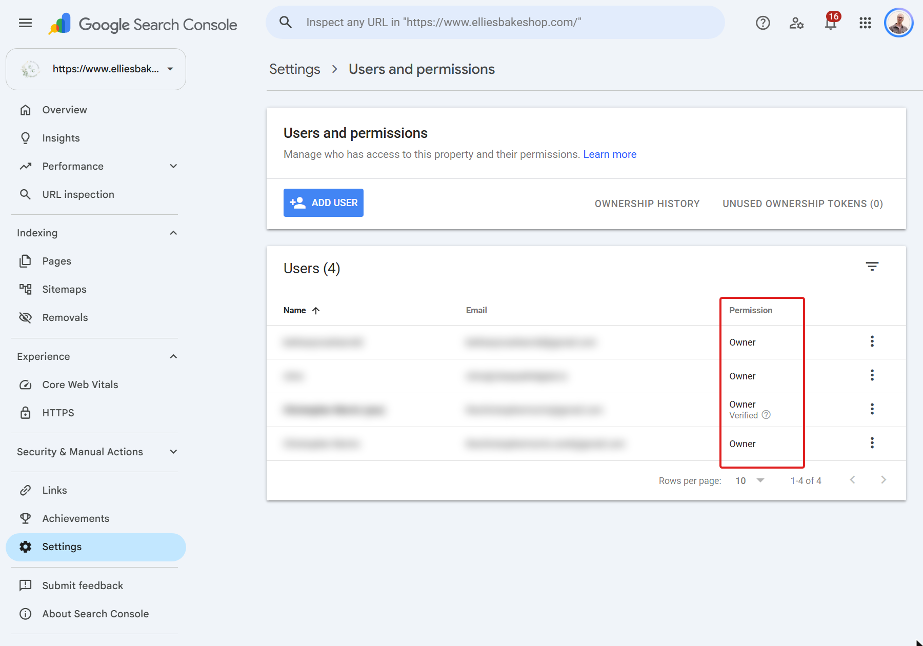 The Users and permissions page in Search Console settings