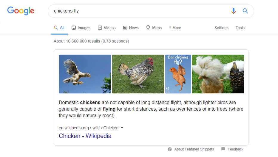 A featured snippet from Wikipedia concerning chickens.