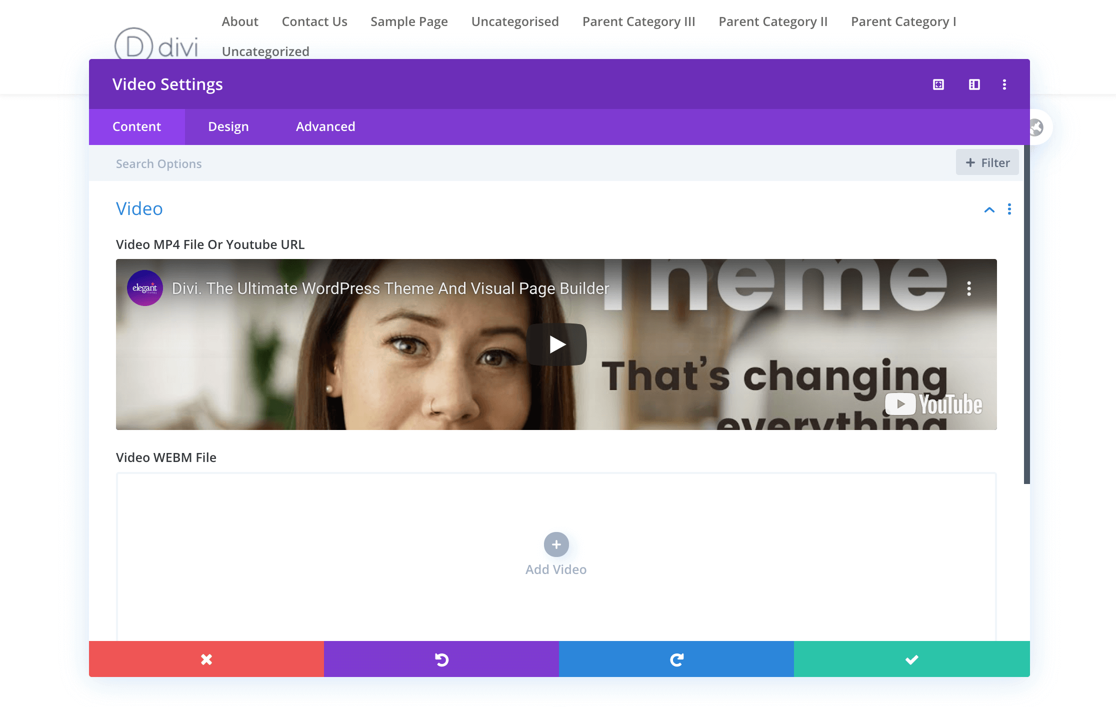 A Divi Video Module using a URL to add content.