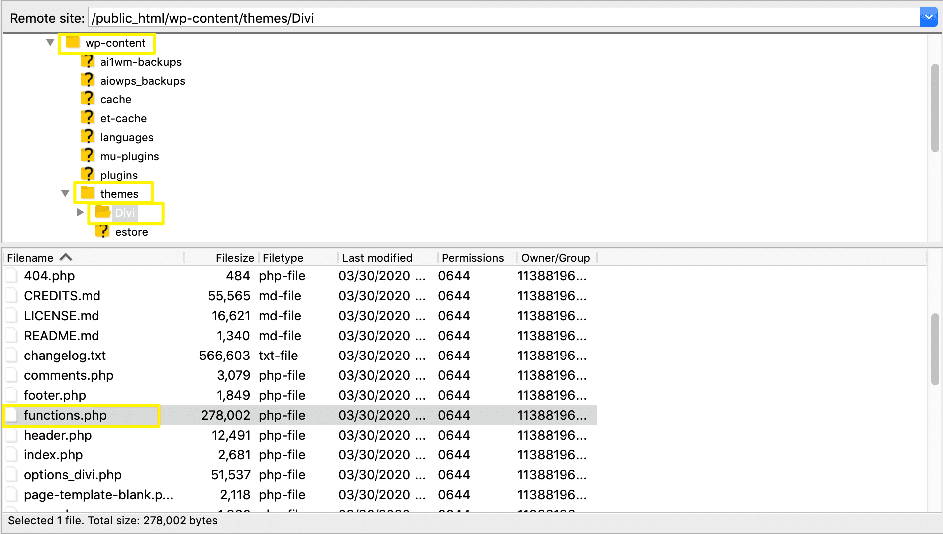 Accessing functions.php in FileZilla.