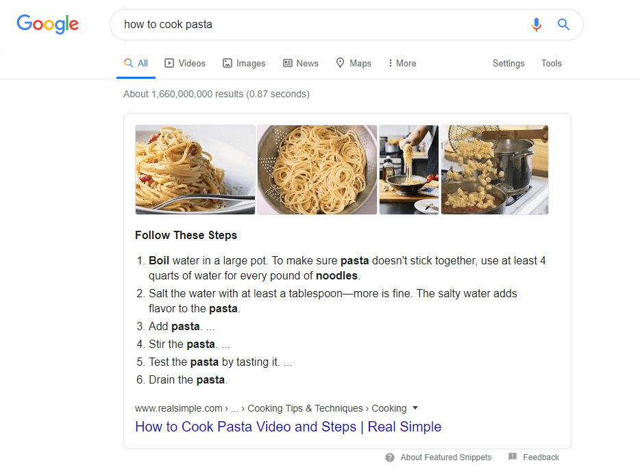 A list-based featured snippet for how to cook pasta.