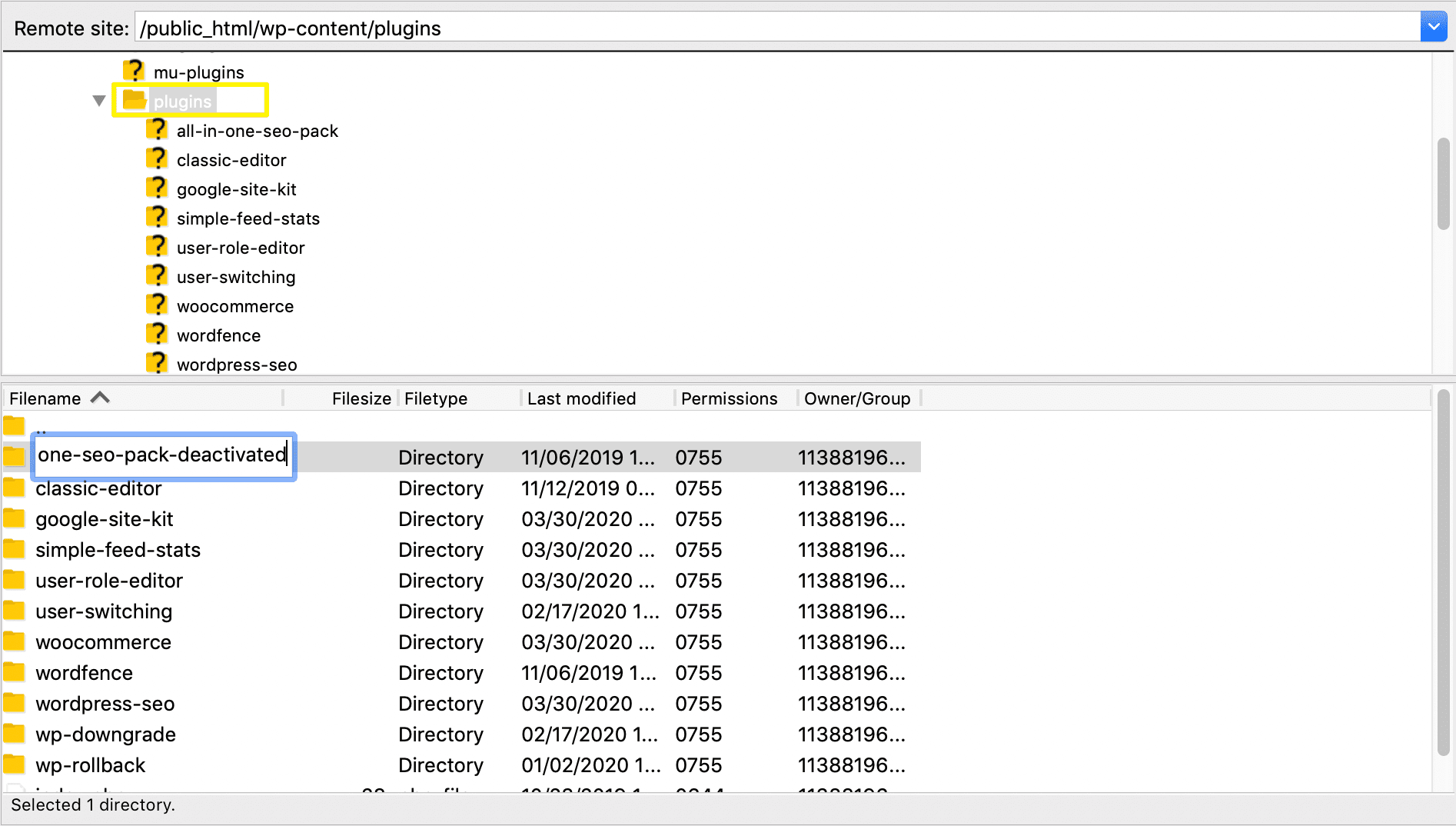 Renaming plugin directories in FileZilla.