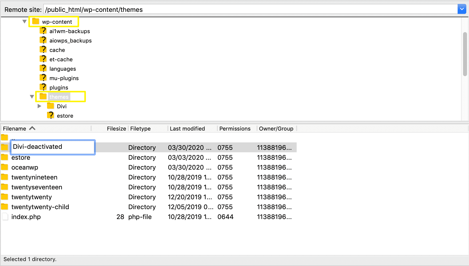 Renaming theme directories in FileZilla.