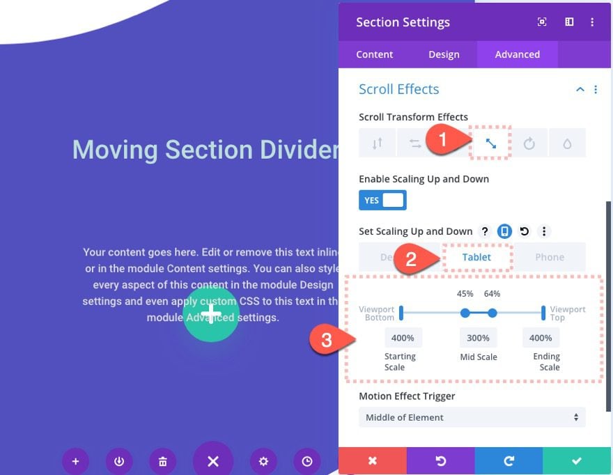 divi section divider scroll effects