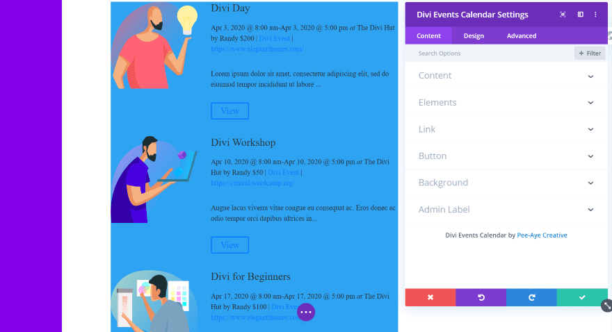 Divi Events Calendar Module Content Tab