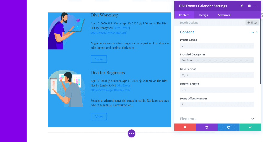 Divi Events Calendar Module Content