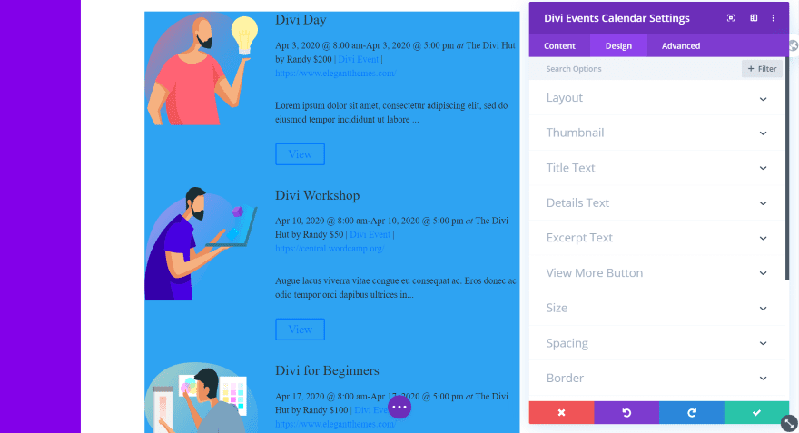 Divi Events Calendar Module Design Tab