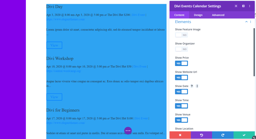 Divi Events Calendar Module Elements