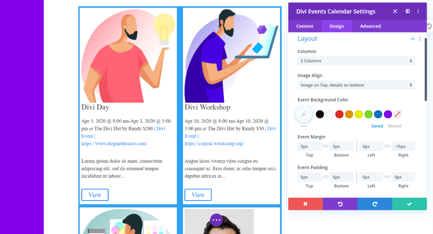 Divi Events Calendar Module Layout