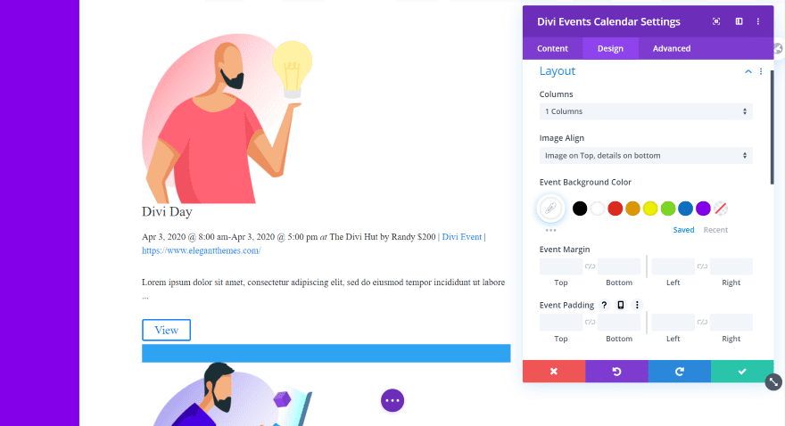 Divi Events Calendar Module Layout