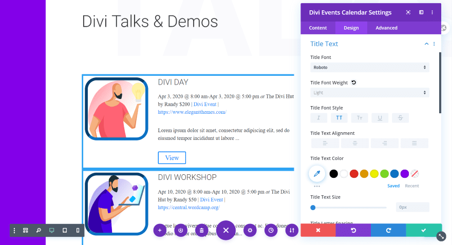 Divi Events Calendar Module Text