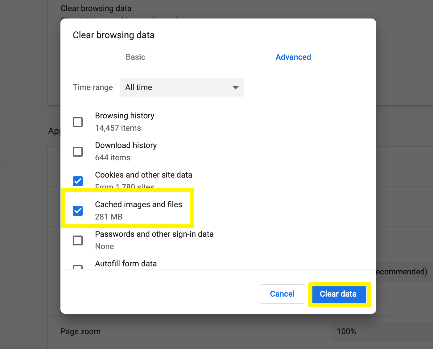 Choosing to clear the browser cache in Chrome.