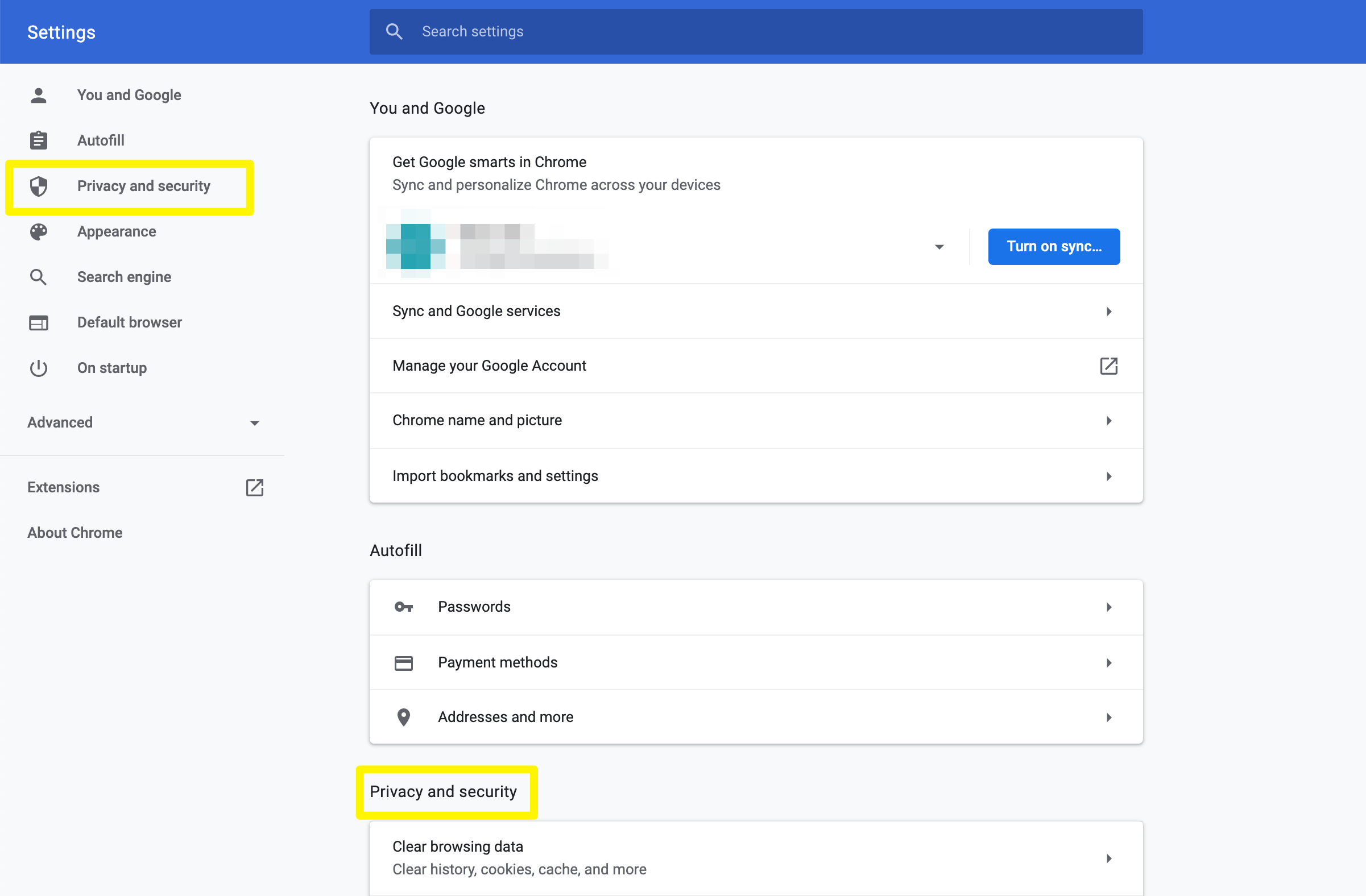 Navigating to the Privacy and Security settings in Chrome.