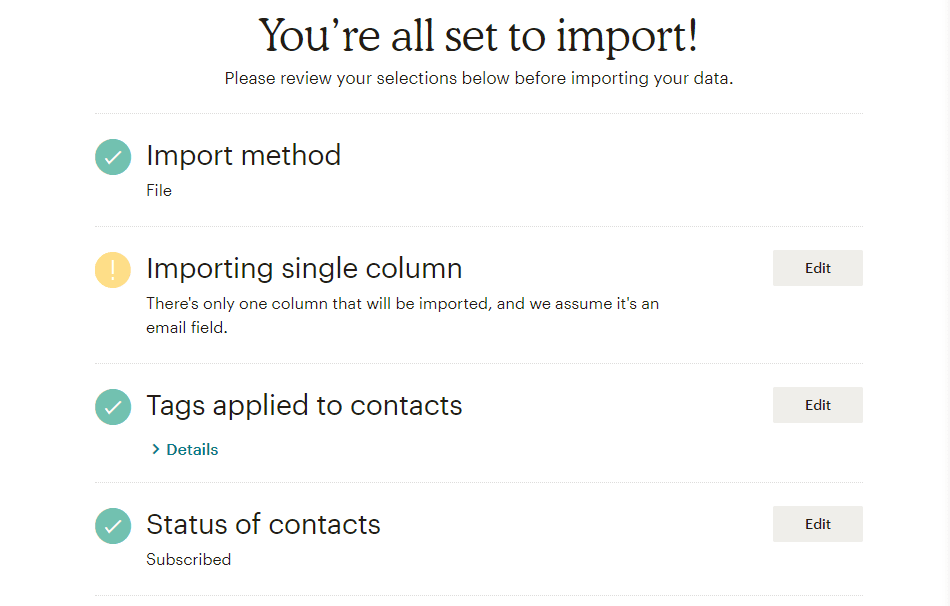 Confirm your import settings.